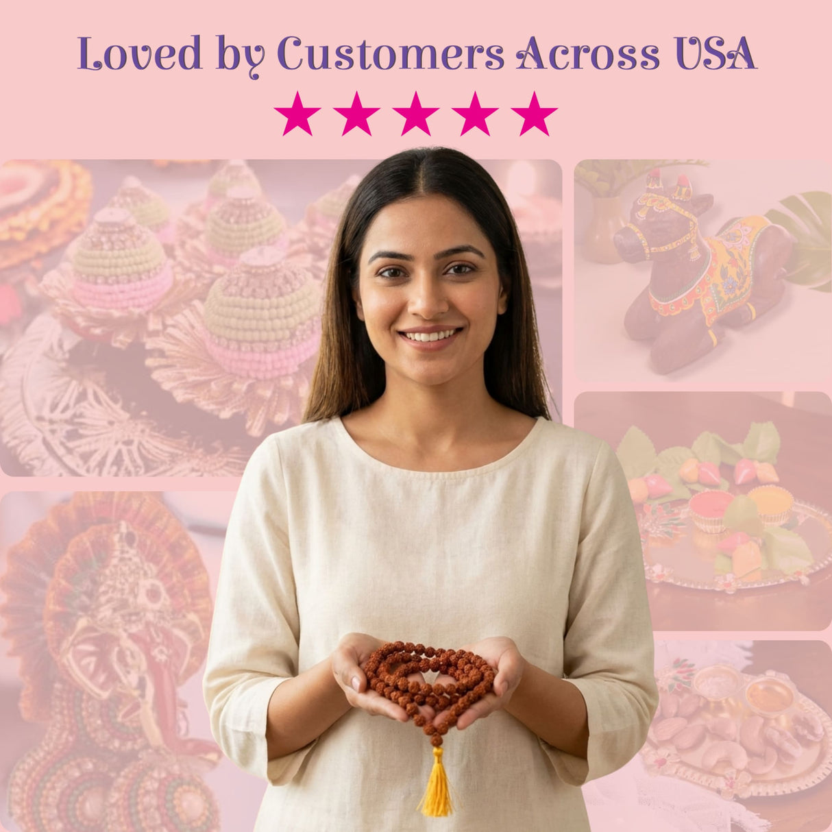 Warm brown wooden 5-face Rudraksha mala with yellow tassel, 108+1 beads