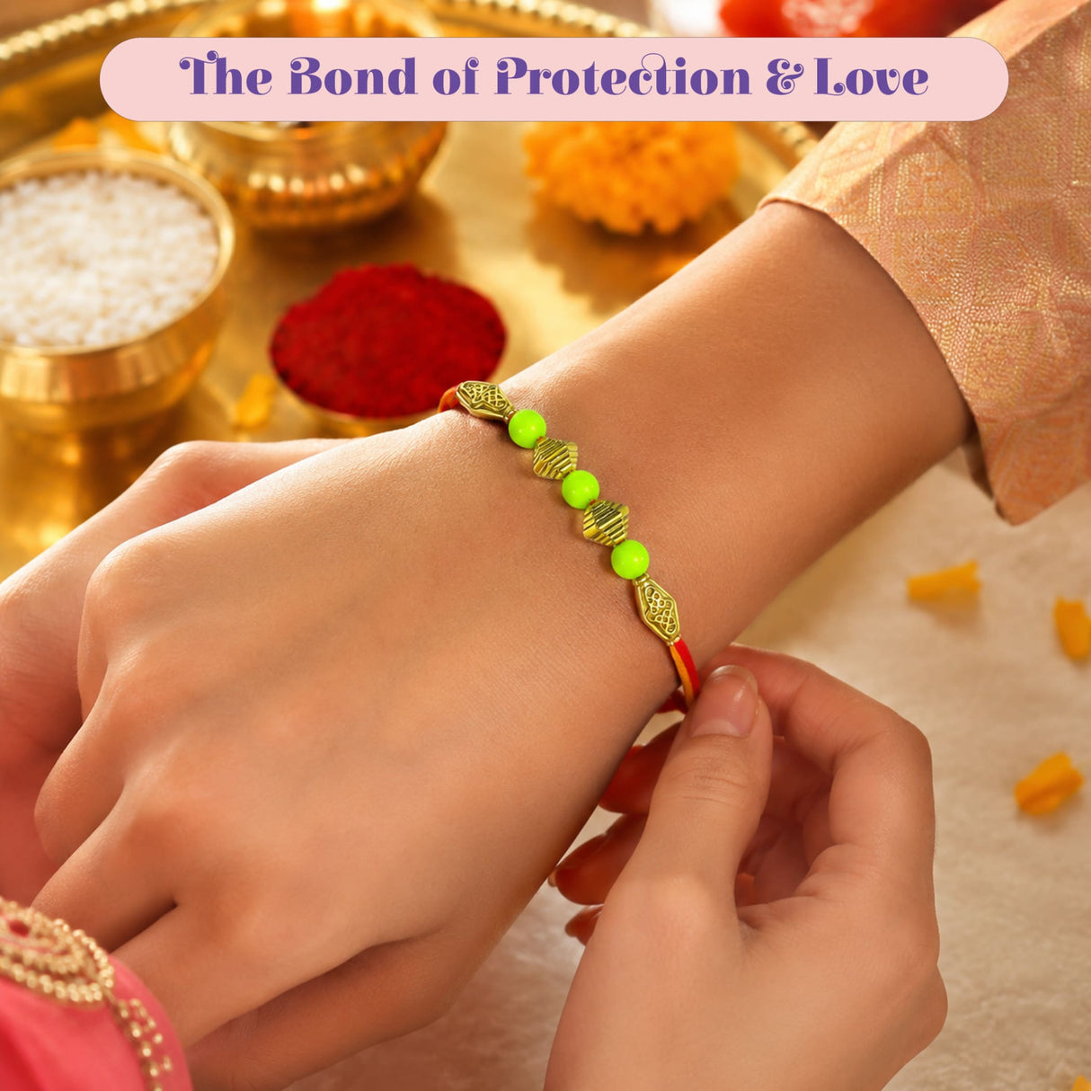 A vibrant neon green and gold designer bead rakhi bracelet with intricate leaf-shaped metal charms for Raksha Bandhan