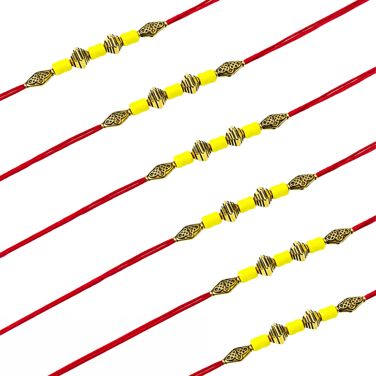 Red thread rakhi with yellow beads and gold-colored metallic charms for brother and bhabhi traditional protection gift