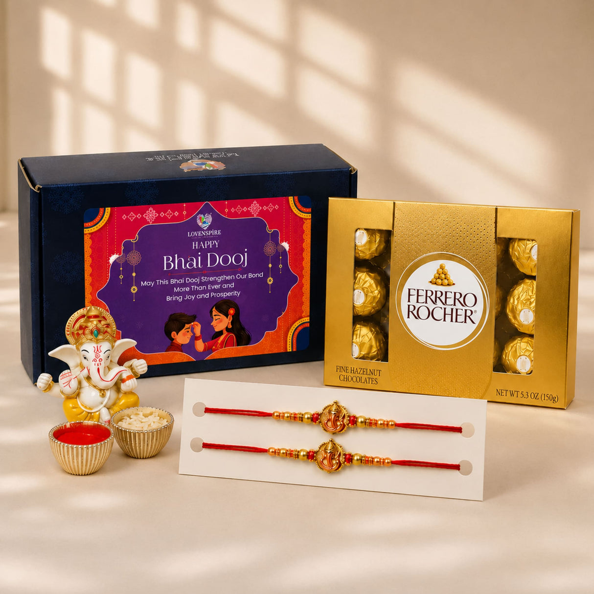 Golden ganesha figurine with intricate detailing and red tilak included in bhai dooj gift hamper for brother symbolizing good luck and protection