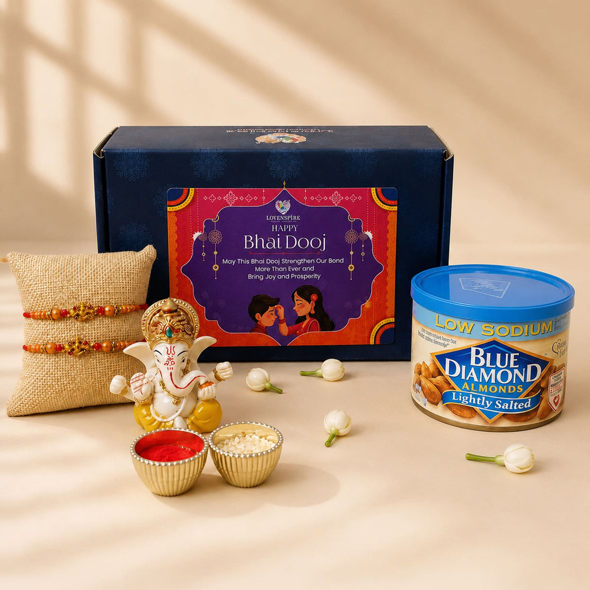 Blue diamond lightly salted almonds in a cylindrical container with blue lid in bhai dooj gift hamper for brother