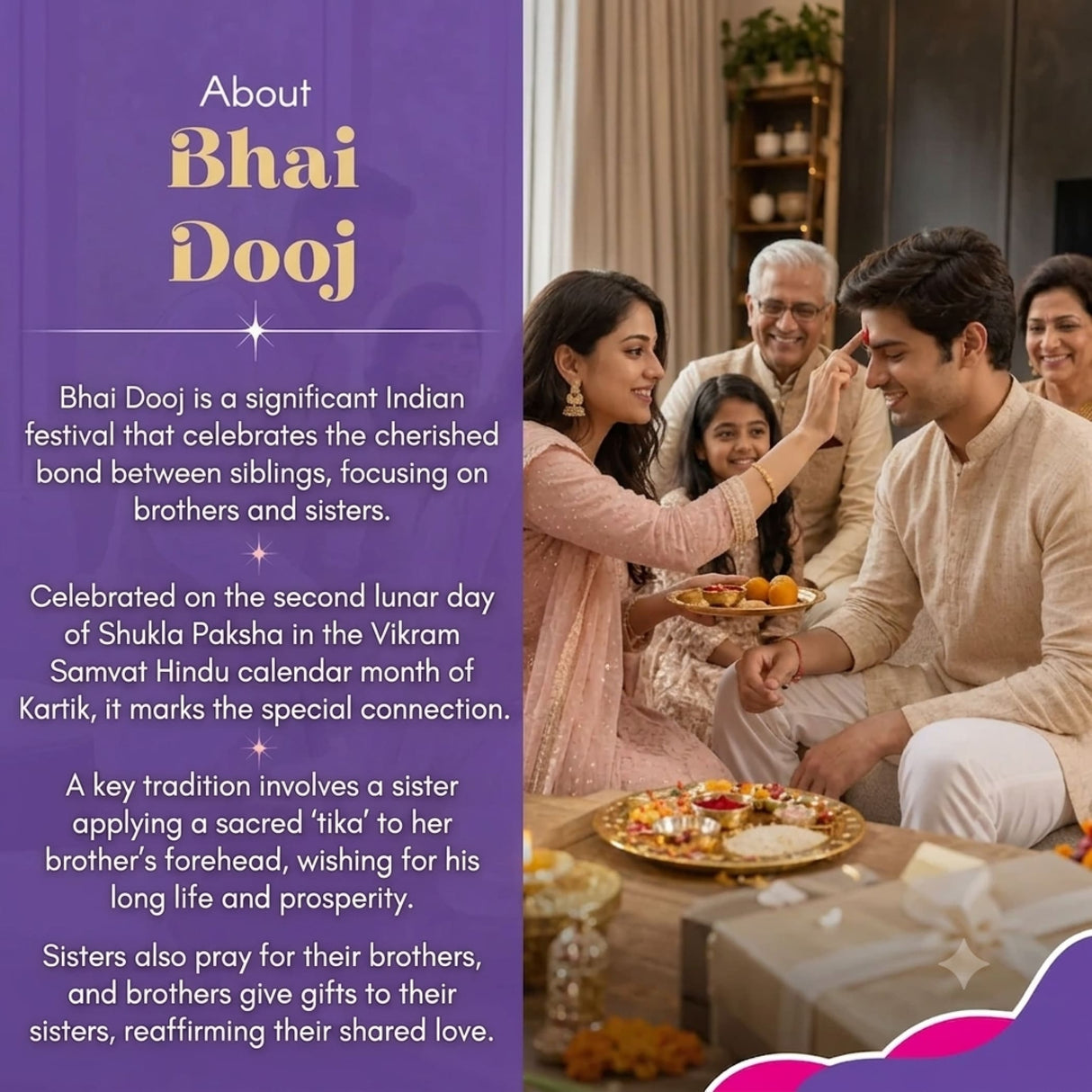 A woman in soft pink traditional indian outfit applies red tika during bhai dooj with gift hamper including designer rakhi bracelets and ganesha idol