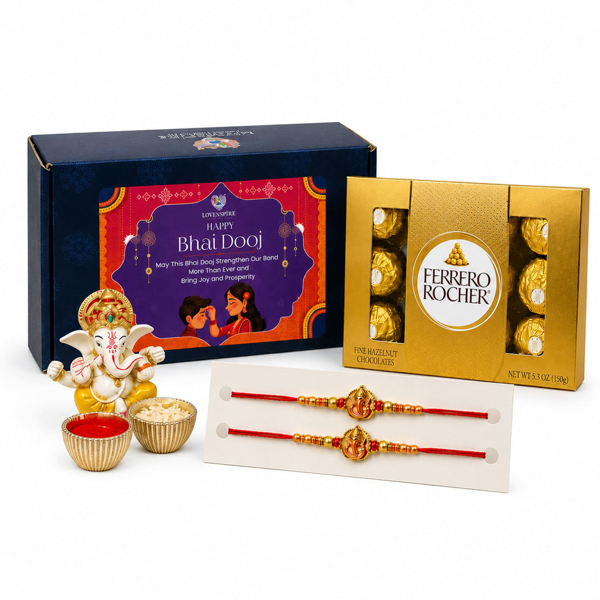 Golden ganesha idol with intricate detailing and red tilak included in bhai dooj gift hamper for brother