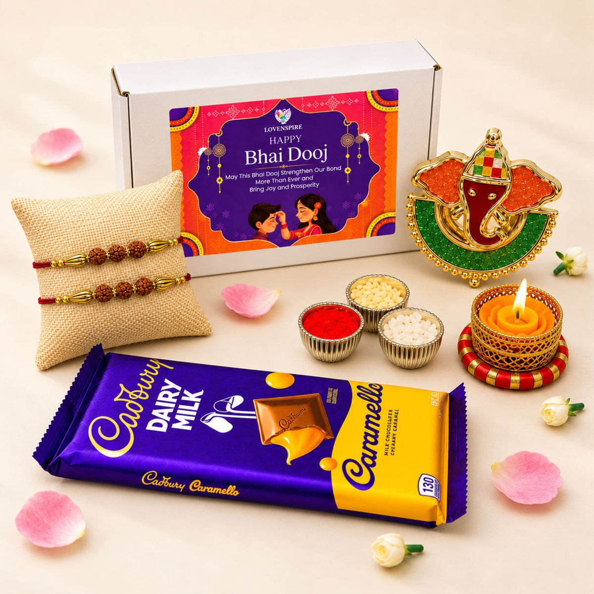 Purple and yellow cadbury dairy milk caramello chocolate bar with glossy wrapper in bhai dooj gift hamper for brother and bhabhi