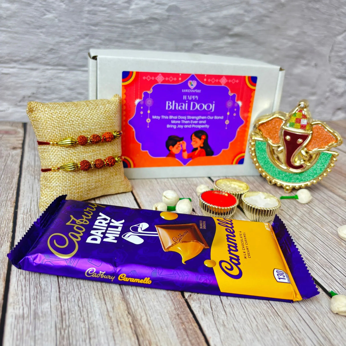 Bhai Dooj Gift Hamper for Brother Premium Gift Box with Haldi Kumkum Holder Candle Holder Roli Chawal Rakhi Chocolates Bhaidooj Gift Set for Bhai Rakhi for Brother Rakshabandhan Gifts - LoveNspire
