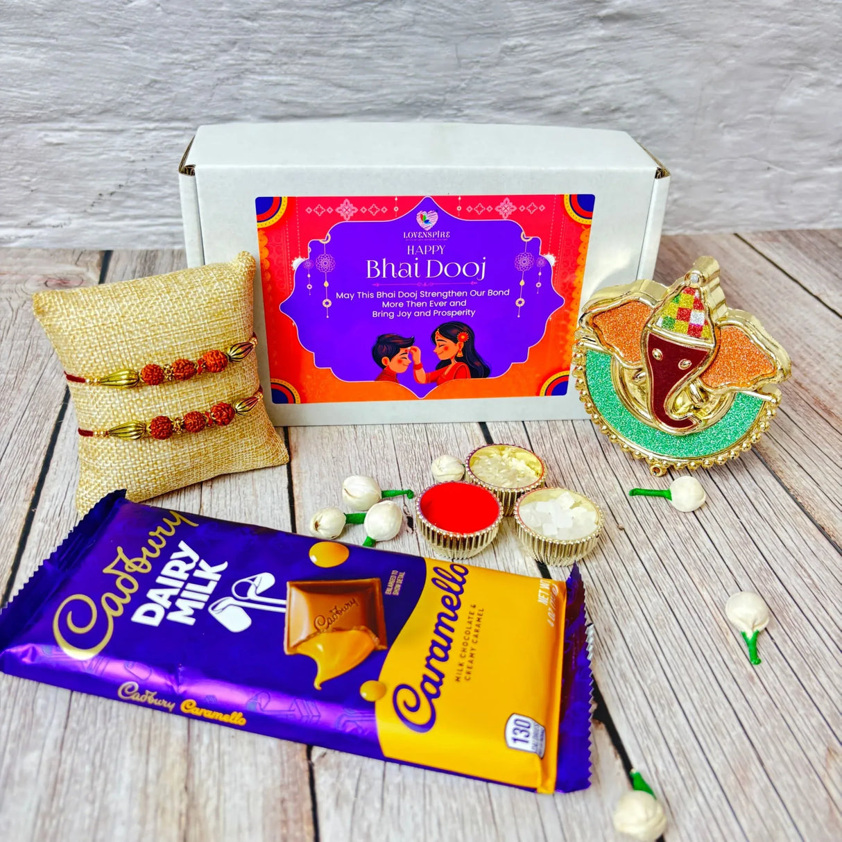 Bhai Dooj Gift Hamper for Brother Premium Gift Box with Haldi Kumkum Holder Candle Holder Roli Chawal Rakhi Chocolates Bhaidooj Gift Set for Bhai Rakhi for Brother Rakshabandhan Gifts - LoveNspire