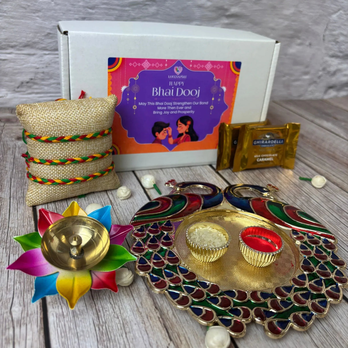 Bhai Dooj Gift Hamper for Brother Premium Gift Box with Haldi Kumkum Holder Roli Chawal Rakhi Lotus Brass Diya Chocolates Bhaidooj Gifts Set for Bhai Rakhi for Brother Rakshabandhan Gifts - LoveNspire