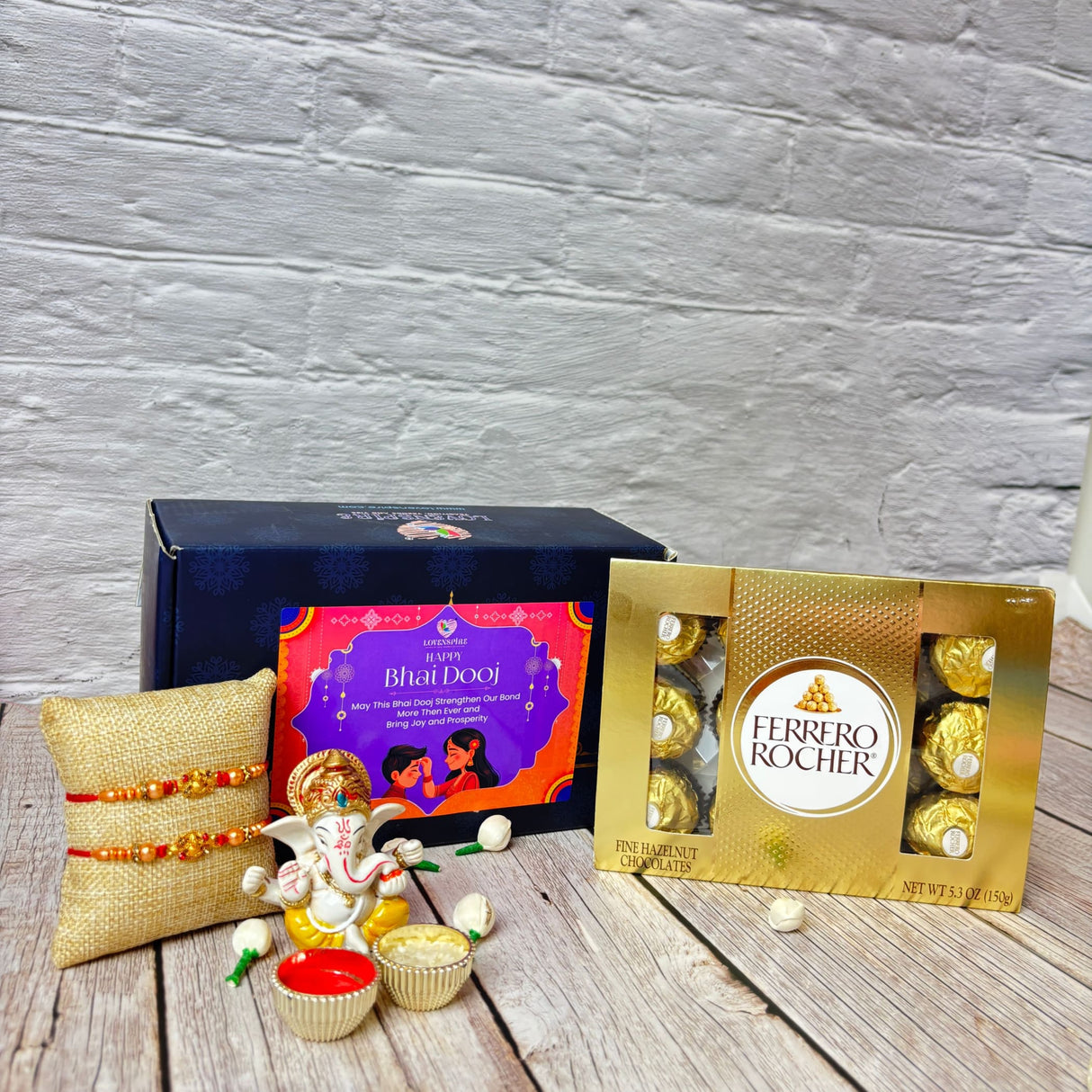 Bhai Dooj gift hamper with rakhis Ganesh idol sweets chocolates and festive accessories