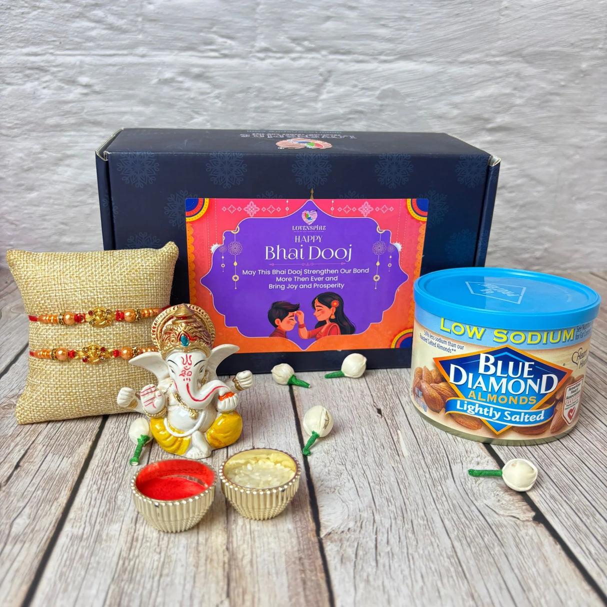 Bhai Dooj Gift Hamper for Brother Premium Gift Box with Statue Roli Chawal Ganesha Rakhi Almonds Bhaidooj Gifts Set for Bhai Rakhi for Brother Rakshabandhan Gifts - LoveNspire