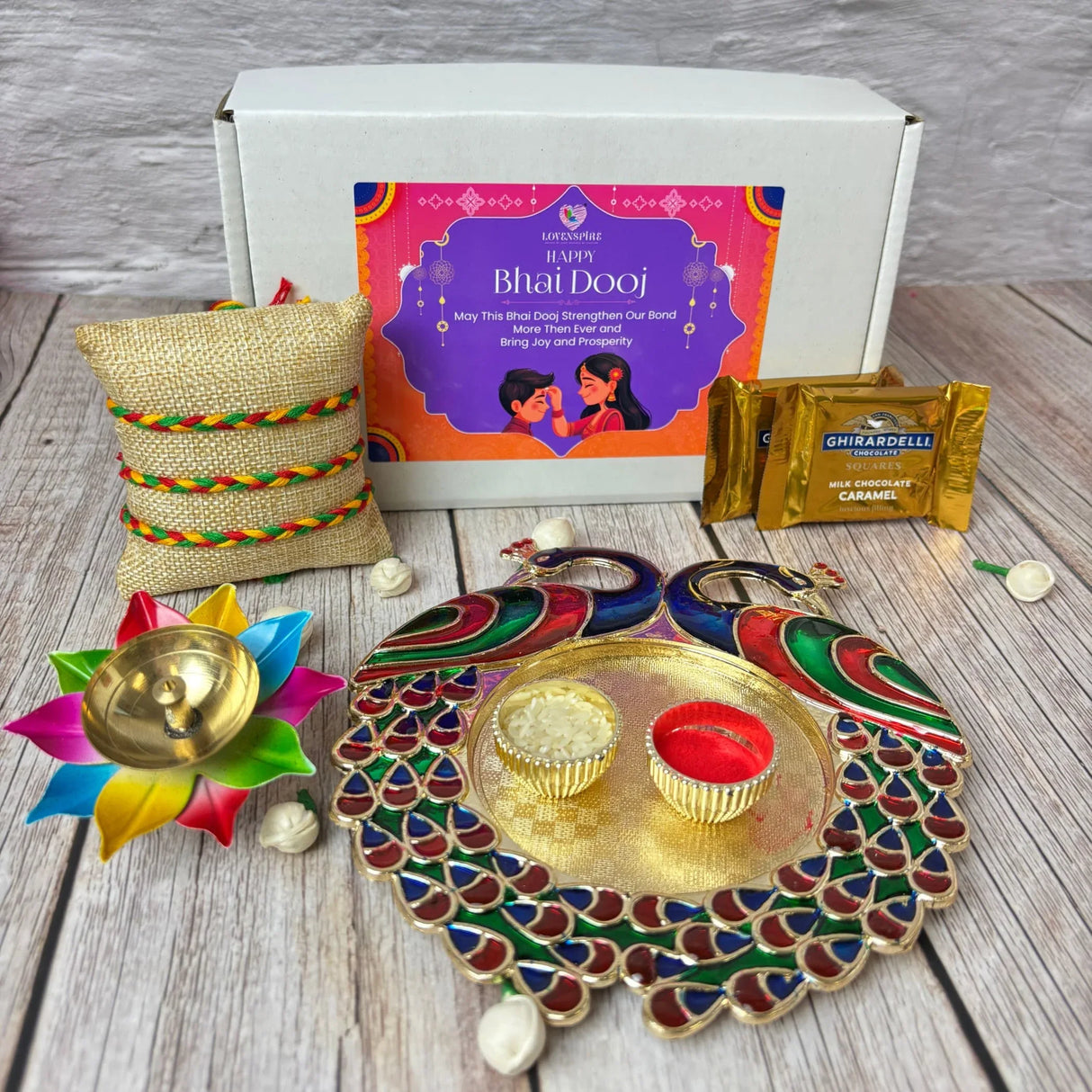 Bhai Dooj Gift Hamper for Brother Premium Gift Box with Haldi Kumkum Holder Roli Chawal Rakhi Lotus Brass Diya Chocolates Bhaidooj Gifts Set for Bhai Rakhi for Brother Rakshabandhan Gifts - LoveNspire