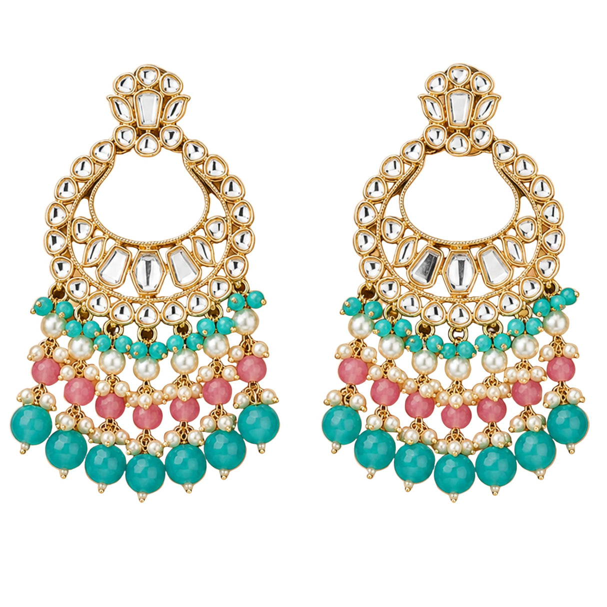 Oversized Indian kundan and faux pearls gold tone chandelier earrings with clear stones turquoise and pink beads for ethnic wear
