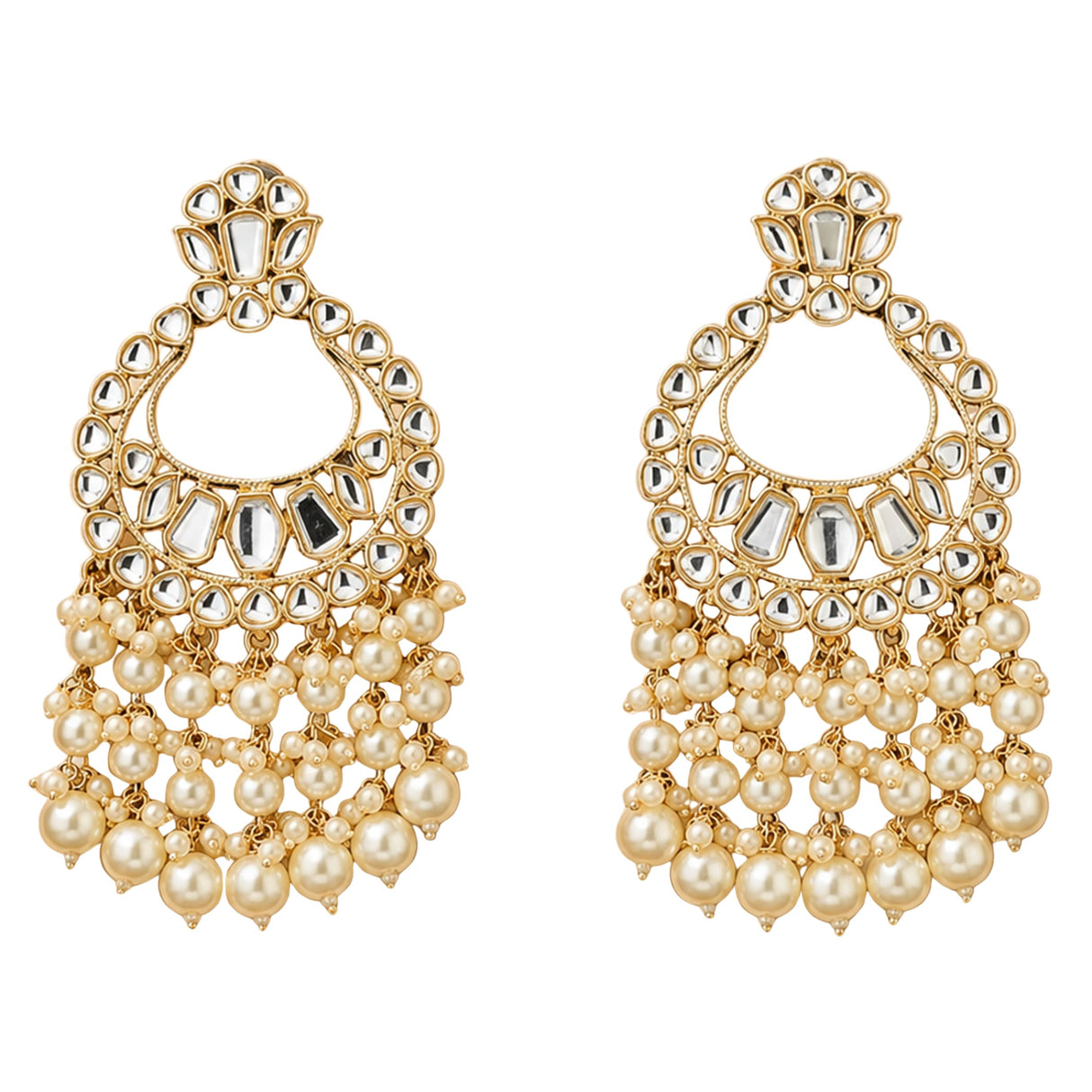 Oversized gold tone Kundan chandelier earrings with intricate mirror work and cascading cream faux pearls for ethnic wear
