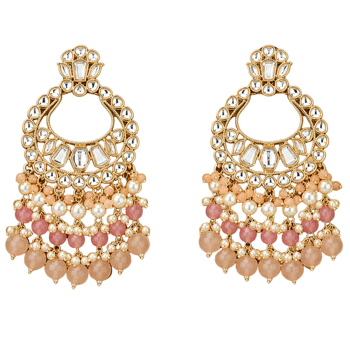 Oversized Indian kundan gold tone chandelier earrings with clear stones pink peach beads and pearl accents for ethnic wear