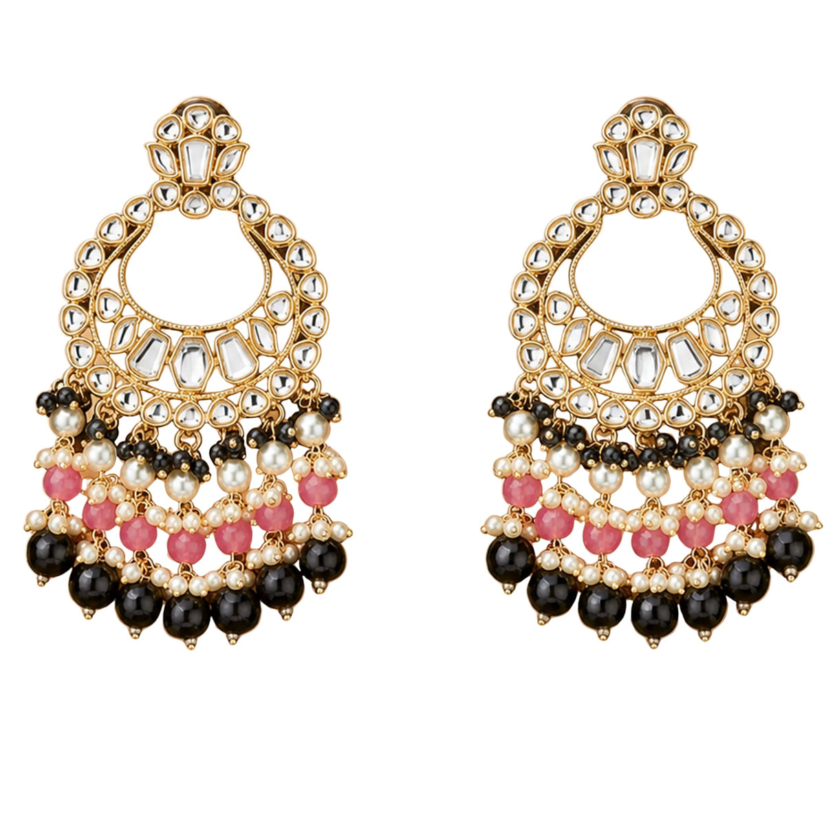 Oversized gold tone kundan chandelier earrings with clear pink stones black beads and white pearls for wedding and ethnic wear