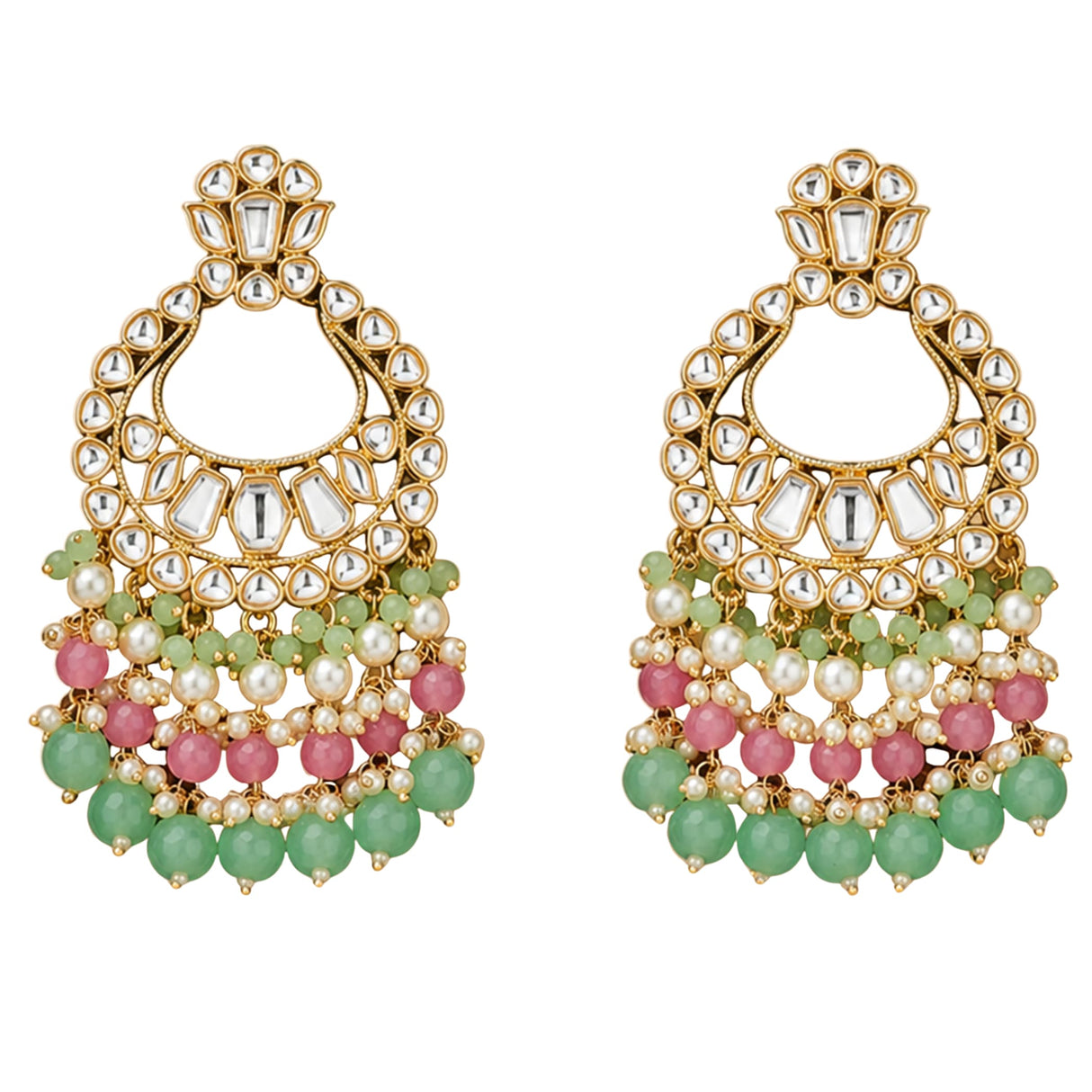 Gold tone oversized kundan chandbali earrings with clear stones pink and green beads and faux pearl accents for ethnic wear