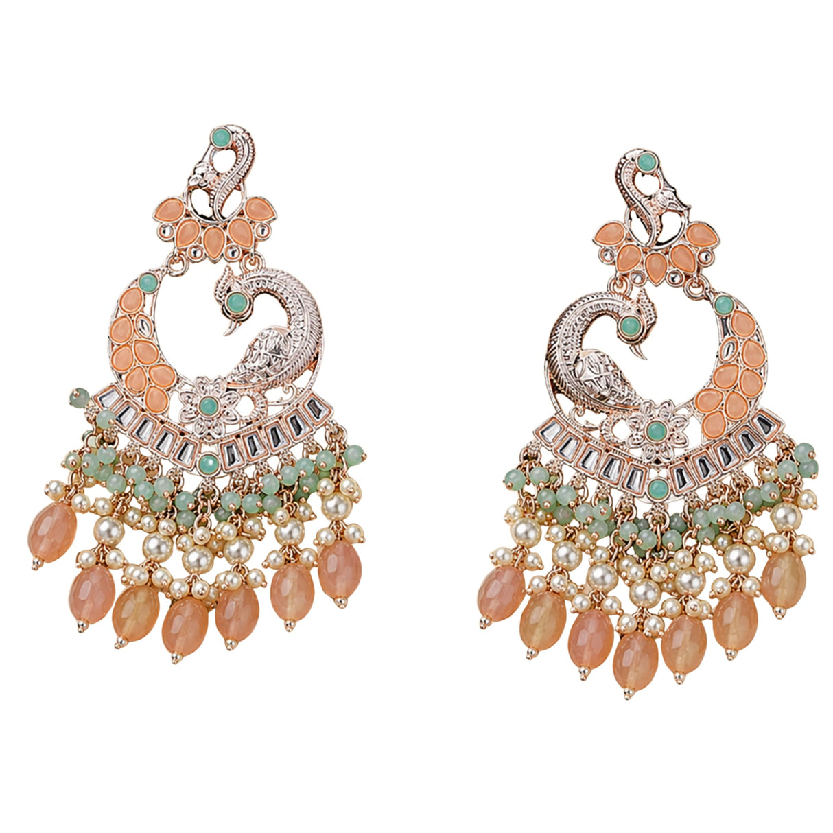 Delicate oversized rose gold toned peacock chandelier earrings with peach mint beads pearls for Diwali wedding wear