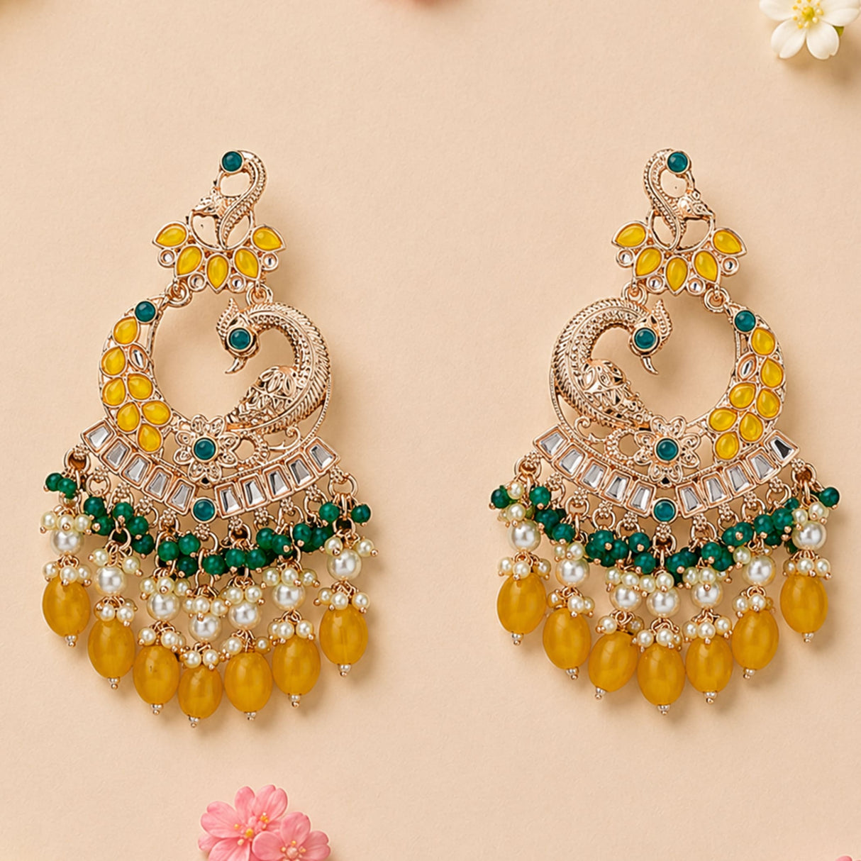 Oversized indian peacock kundan chandelier earrings in gold tone with yellow green beads pearls and clear stones for ethnic wear