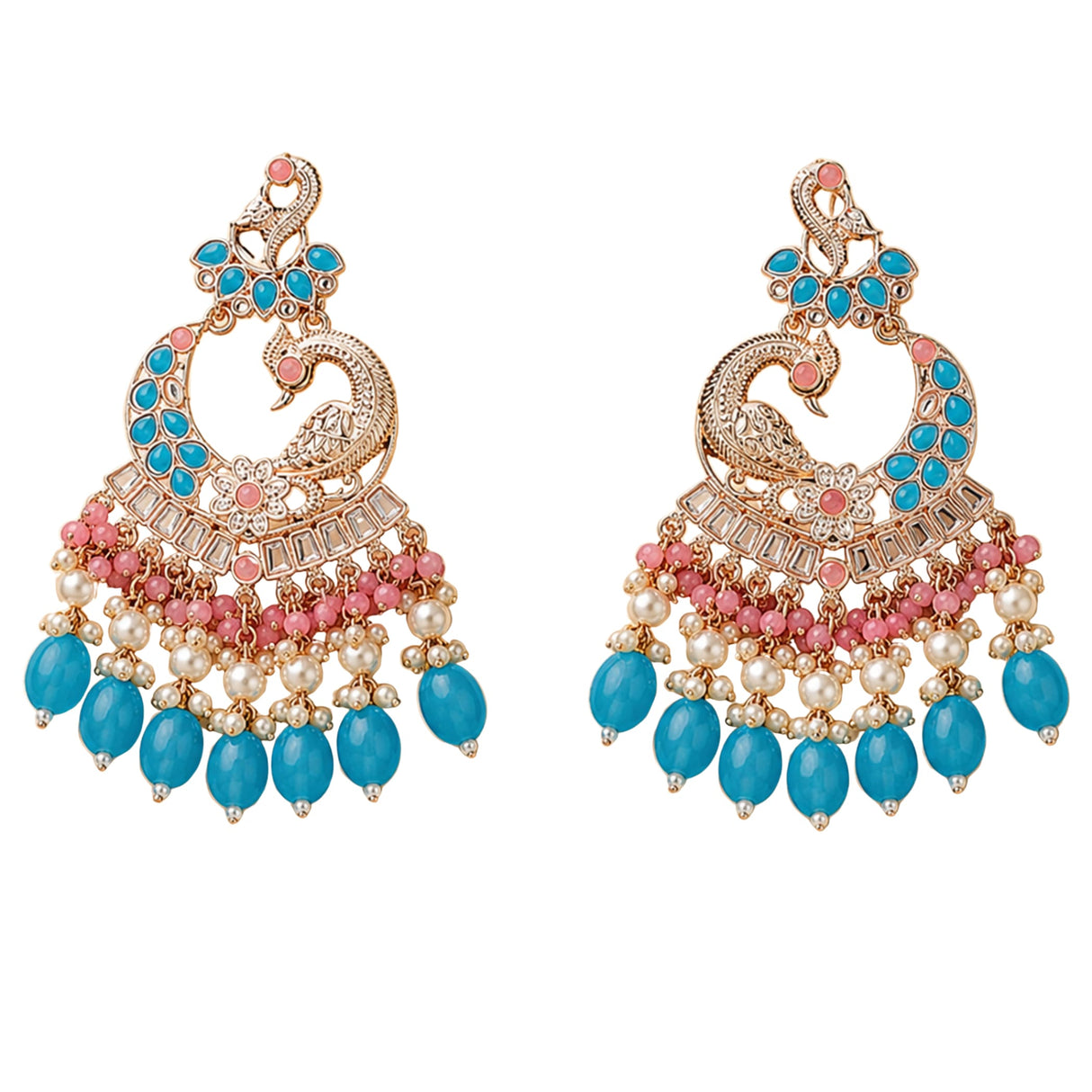 Oversized gold tone Indian peacock kundan chandelier earrings with turquoise pink beads pearls for Diwali wedding wear