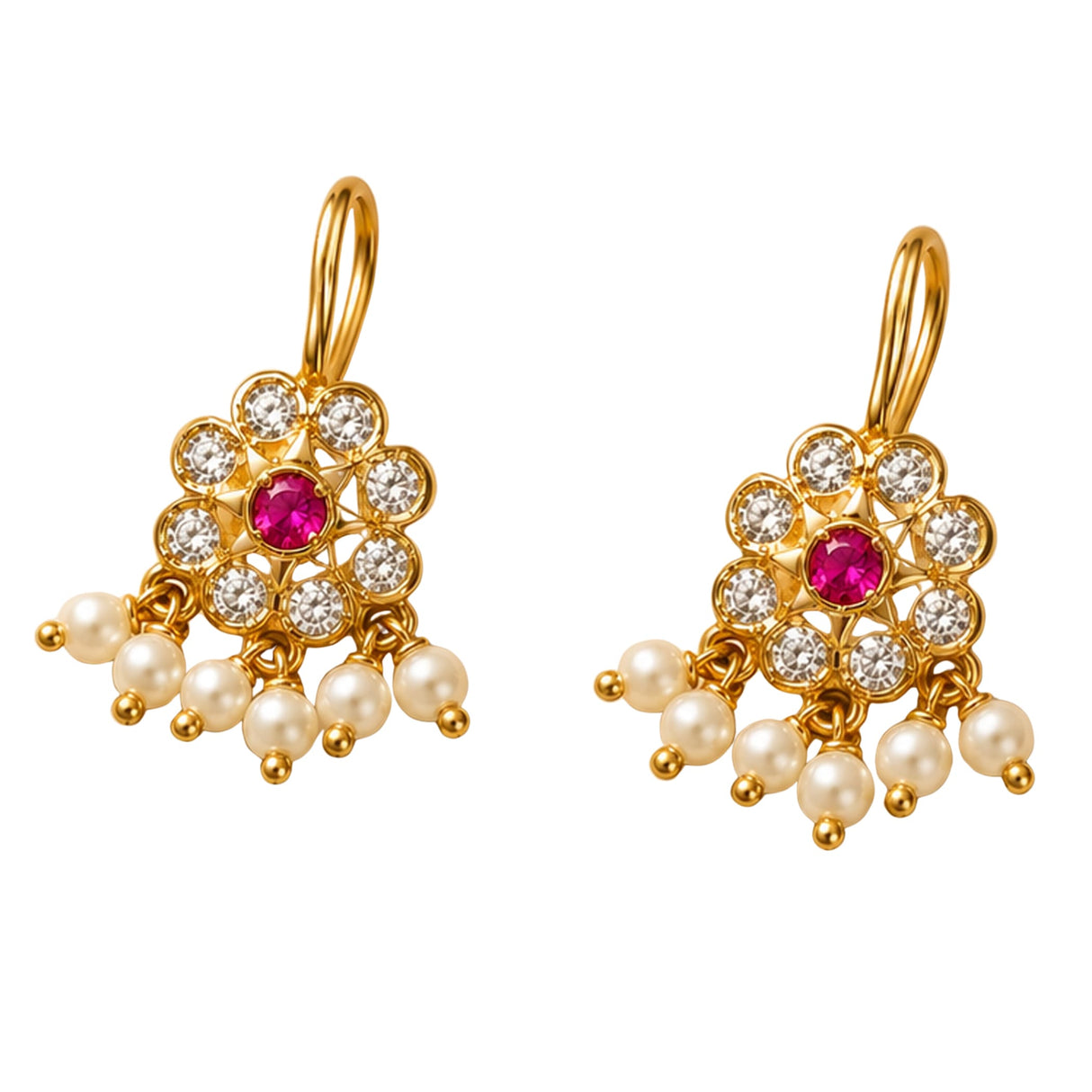 Indian floral kundan gold tone earrings with central ruby, clear stones, and dangling faux pearls for ethnic wear
