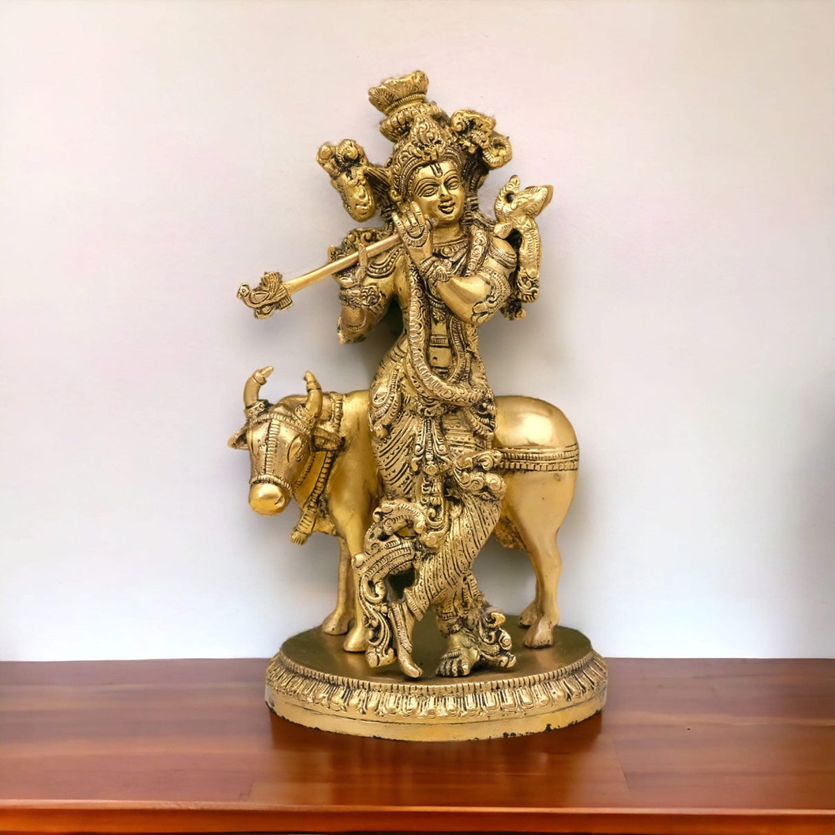 Brass Lord Krishna Statue with Kamdhenu Cow Hindu God Religious Idol Figurine Krishna with Holy Cow for Home Temple Mandir Decor Diwali Pooja - Decorative Showpiece Housewarming Gift - LoveNspire