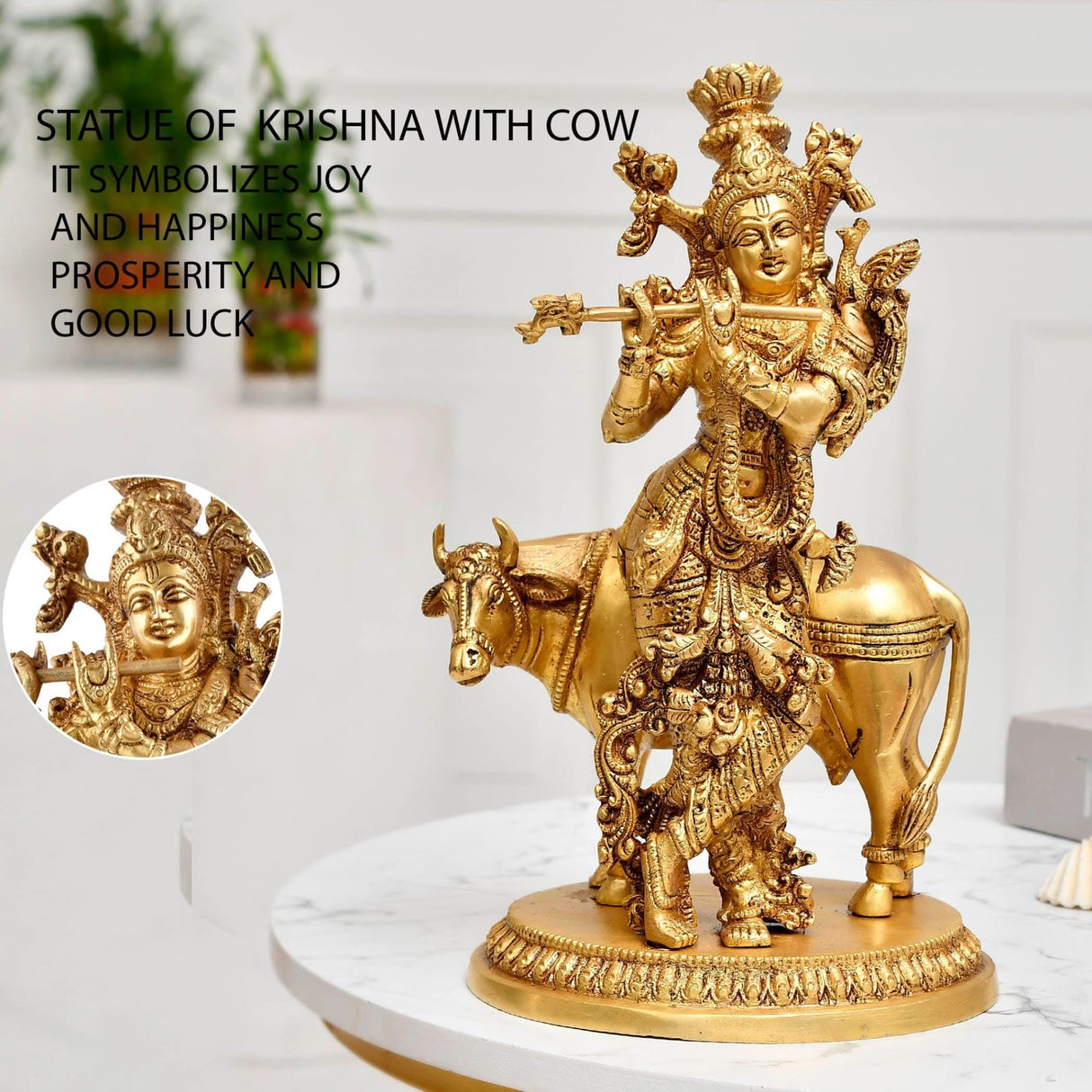 Brass Lord Krishna Statue with Kamdhenu Cow Hindu God Religious Idol Figurine Krishna with Holy Cow for Home Temple Mandir Decor Diwali Pooja - Decorative Showpiece Housewarming Gift - LoveNspire