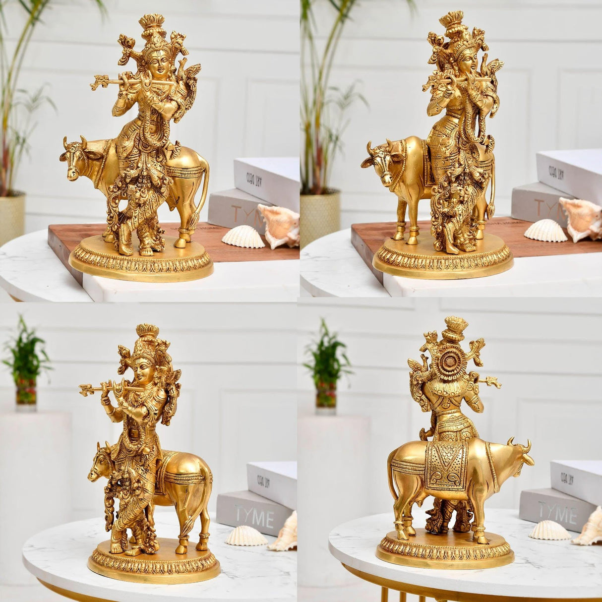 Brass Lord Krishna Statue with Kamdhenu Cow Hindu God Religious Idol Figurine Krishna with Holy Cow for Home Temple Mandir Decor Diwali Pooja - Decorative Showpiece Housewarming Gift - LoveNspire