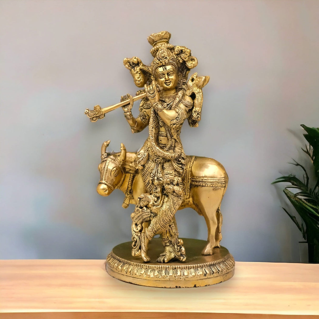 Brass Lord Krishna Statue with Kamdhenu Cow Hindu God Religious Idol Figurine Krishna with Holy Cow for Home Temple Mandir Decor Diwali Pooja - Decorative Showpiece Housewarming Gift - LoveNspire