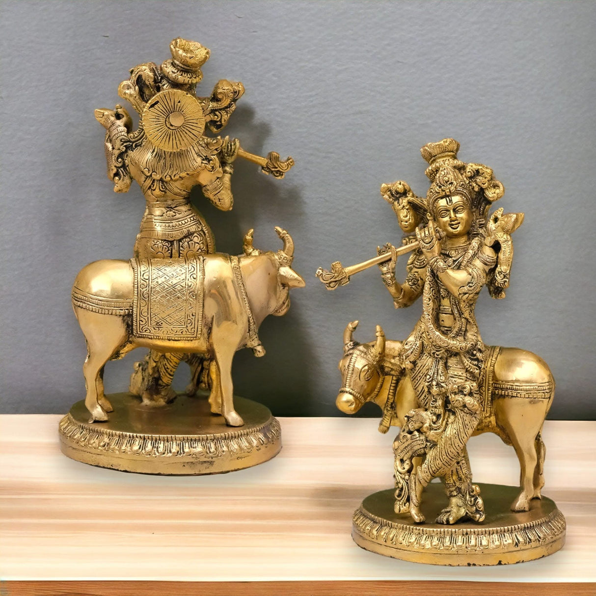 Brass Lord Krishna Statue with Kamdhenu Cow Hindu God Religious Idol Figurine Krishna with Holy Cow for Home Temple Mandir Decor Diwali Pooja - Decorative Showpiece Housewarming Gift - LoveNspire