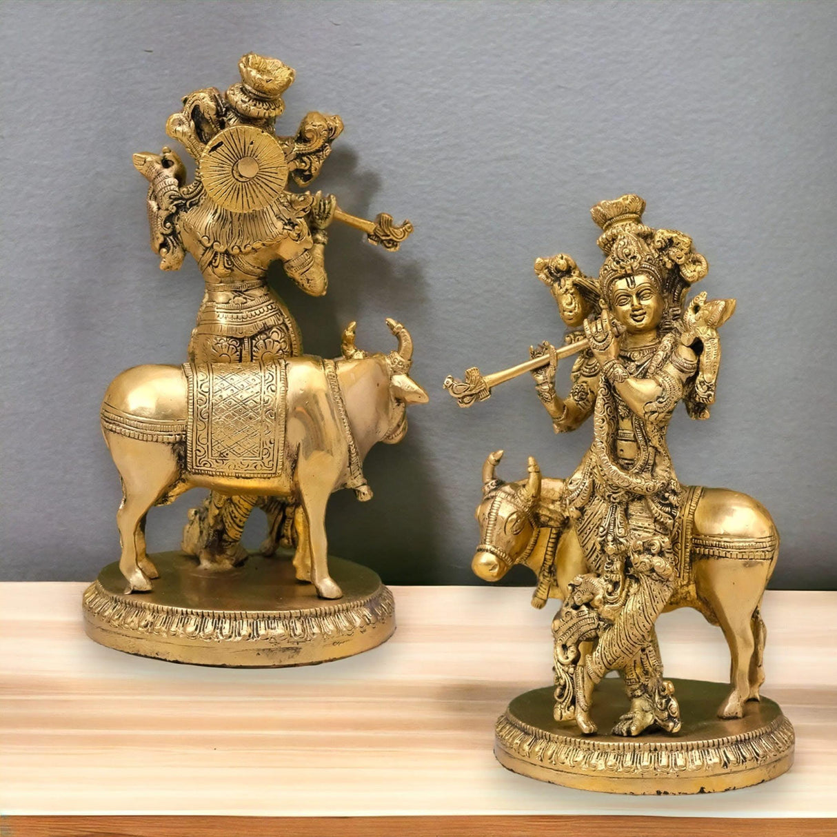 Brass Lord Krishna Statue with Kamdhenu Cow Hindu God Religious Idol Figurine Krishna with Holy Cow for Home Temple Mandir Decor Diwali Pooja - Decorative Showpiece Housewarming Gift - LoveNspire