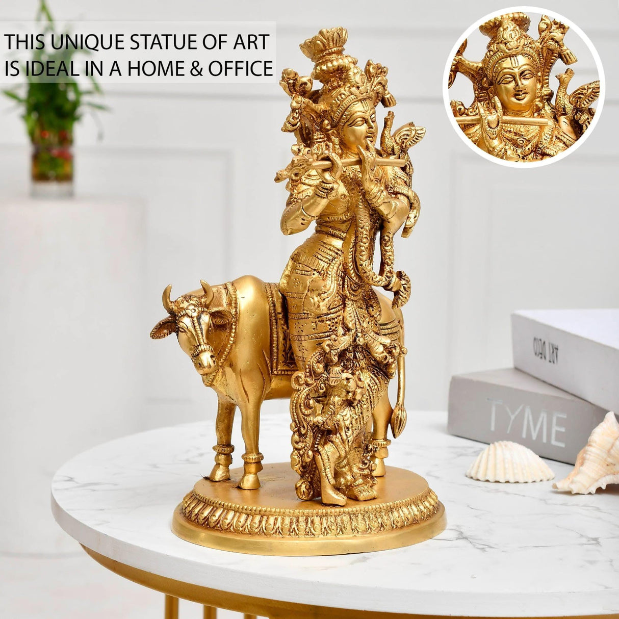 Brass Lord Krishna Statue with Kamdhenu Cow Hindu God Religious Idol Figurine Krishna with Holy Cow for Home Temple Mandir Decor Diwali Pooja - Decorative Showpiece Housewarming Gift - LoveNspire