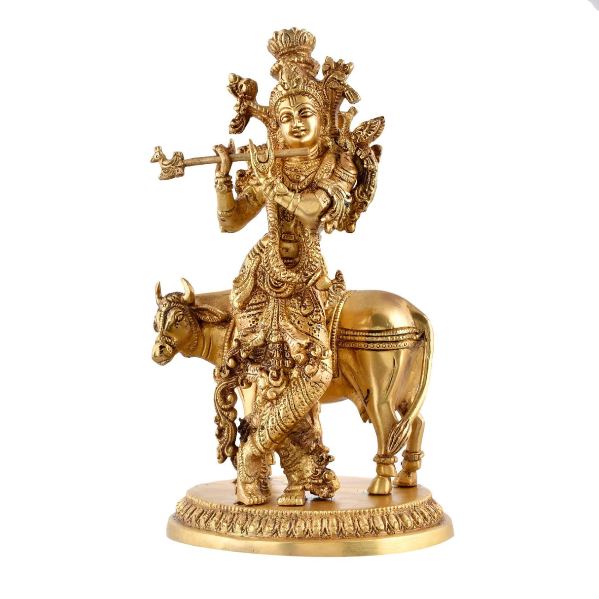 Brass Lord Krishna Statue with Kamdhenu Cow Hindu God Religious Idol Figurine Krishna with Holy Cow for Home Temple Mandir Decor Diwali Pooja - Decorative Showpiece Housewarming Gift - LoveNspire