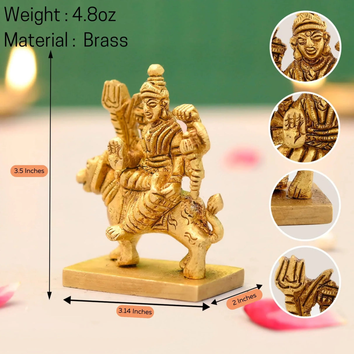 Brass Durga Idol Statue Religious Figurine Goddess Maa Durga Mata Rani Murti for Navratri Pooja Room Home Temple Mandir Decor - Housewarming Gift (3.5 Inches) - LoveNspire