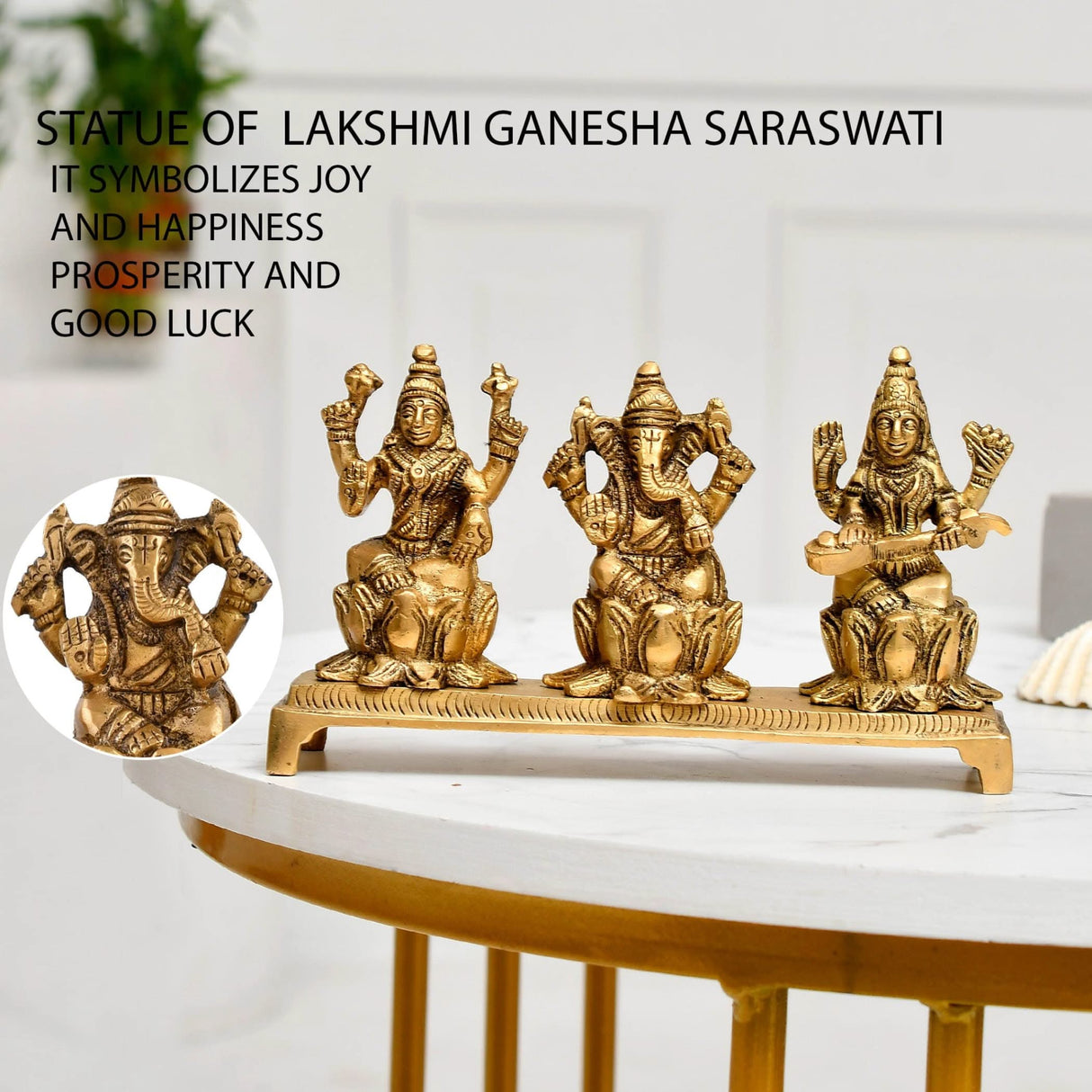 Laxmi Ganesh Saraswati Statue Brass Religious Figurine Hindu God Ganesha and Goddess Lakshmi Saraswati Idol Murti for Puja Room Home Temple Mandir Decor - Diwali Housewarming Gift (3 Inch) - LoveNspire