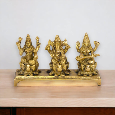 Laxmi Ganesh Saraswati Statue Brass Religious Figurine Hindu God Ganesha and Goddess Lakshmi Saraswati Idol Murti for Puja Room Home Temple Mandir Decor - Diwali Housewarming Gift (3 Inch) - LoveNspire