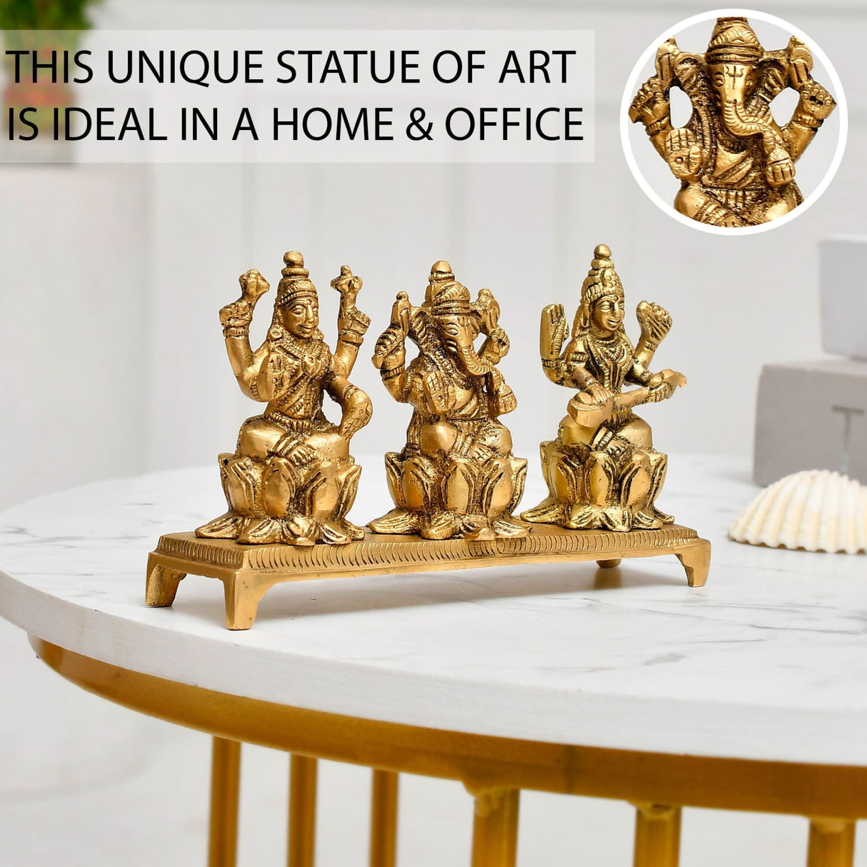 Laxmi Ganesh Saraswati Statue Brass Religious Figurine Hindu God Ganesha and Goddess Lakshmi Saraswati Idol Murti for Puja Room Home Temple Mandir Decor - Diwali Housewarming Gift (3 Inch) - LoveNspire