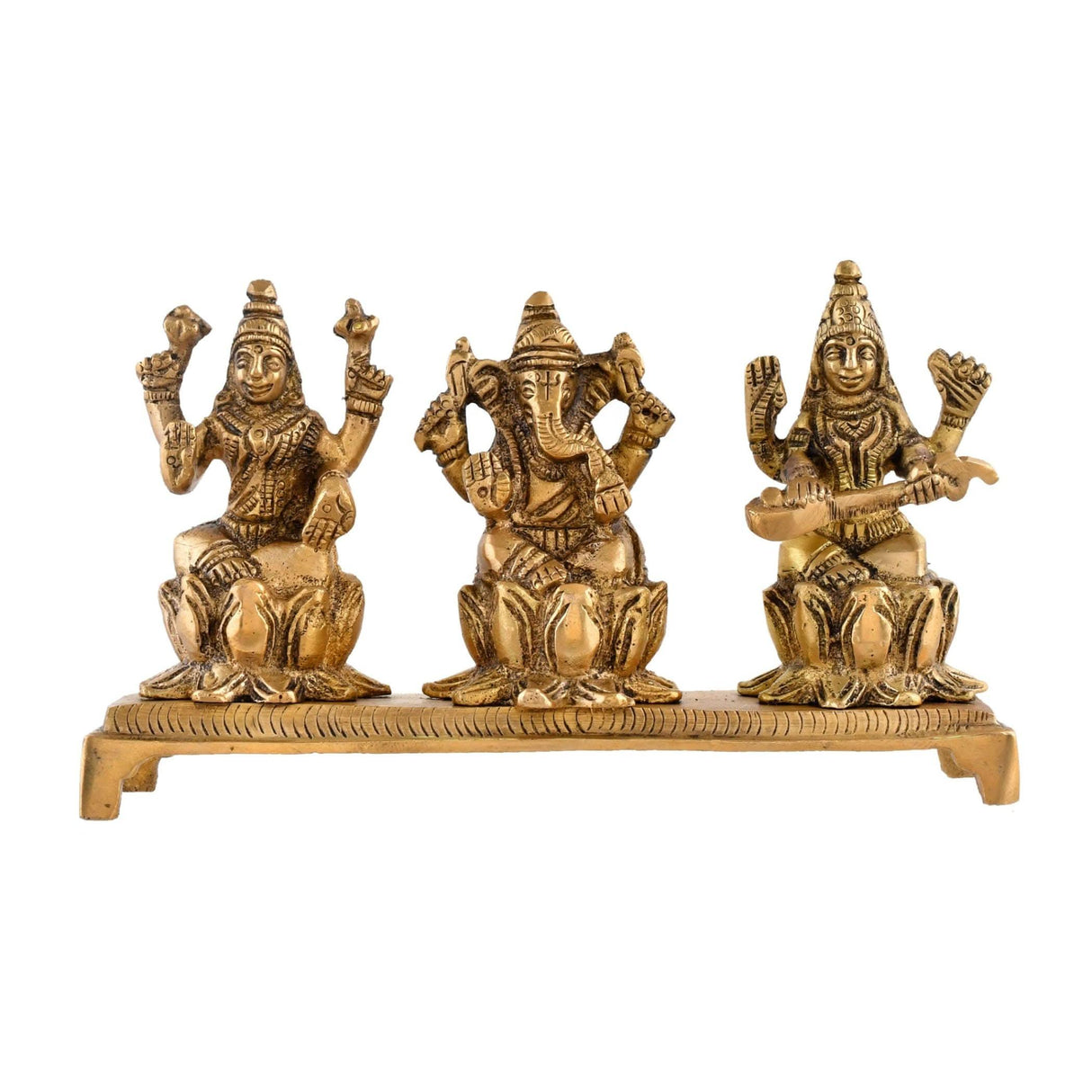 Laxmi Ganesh Saraswati Statue Brass Religious Figurine Hindu God Ganesha and Goddess Lakshmi Saraswati Idol Murti for Puja Room Home Temple Mandir Decor - Diwali Housewarming Gift (3 Inch) - LoveNspire