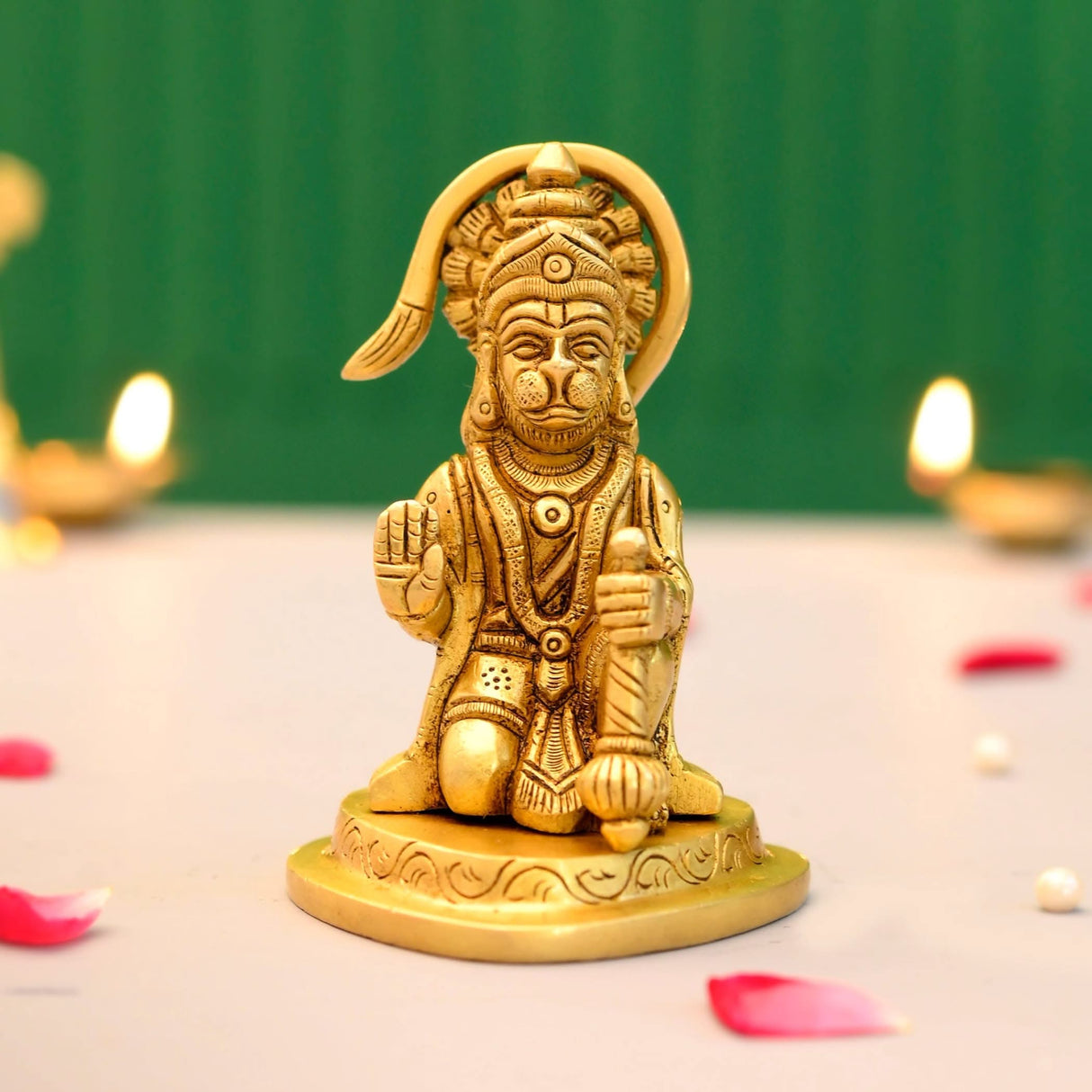 Brass Hanuman Statue Anjani Pawan Putra Lord Bajrangbali Idol Murti Hindu Religious Divine Sculpture for Home Office Entrance Pooja Room Temple Mandir Decor Housewarming Gift (3.9 Inches) - LoveNspire
