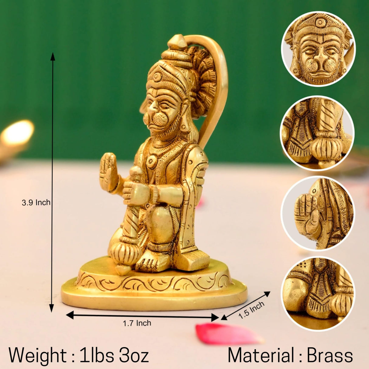 Brass Hanuman Statue Anjani Pawan Putra Lord Bajrangbali Idol Murti Hindu Religious Divine Sculpture for Home Office Entrance Pooja Room Temple Mandir Decor Housewarming Gift (3.9 Inches) - LoveNspire