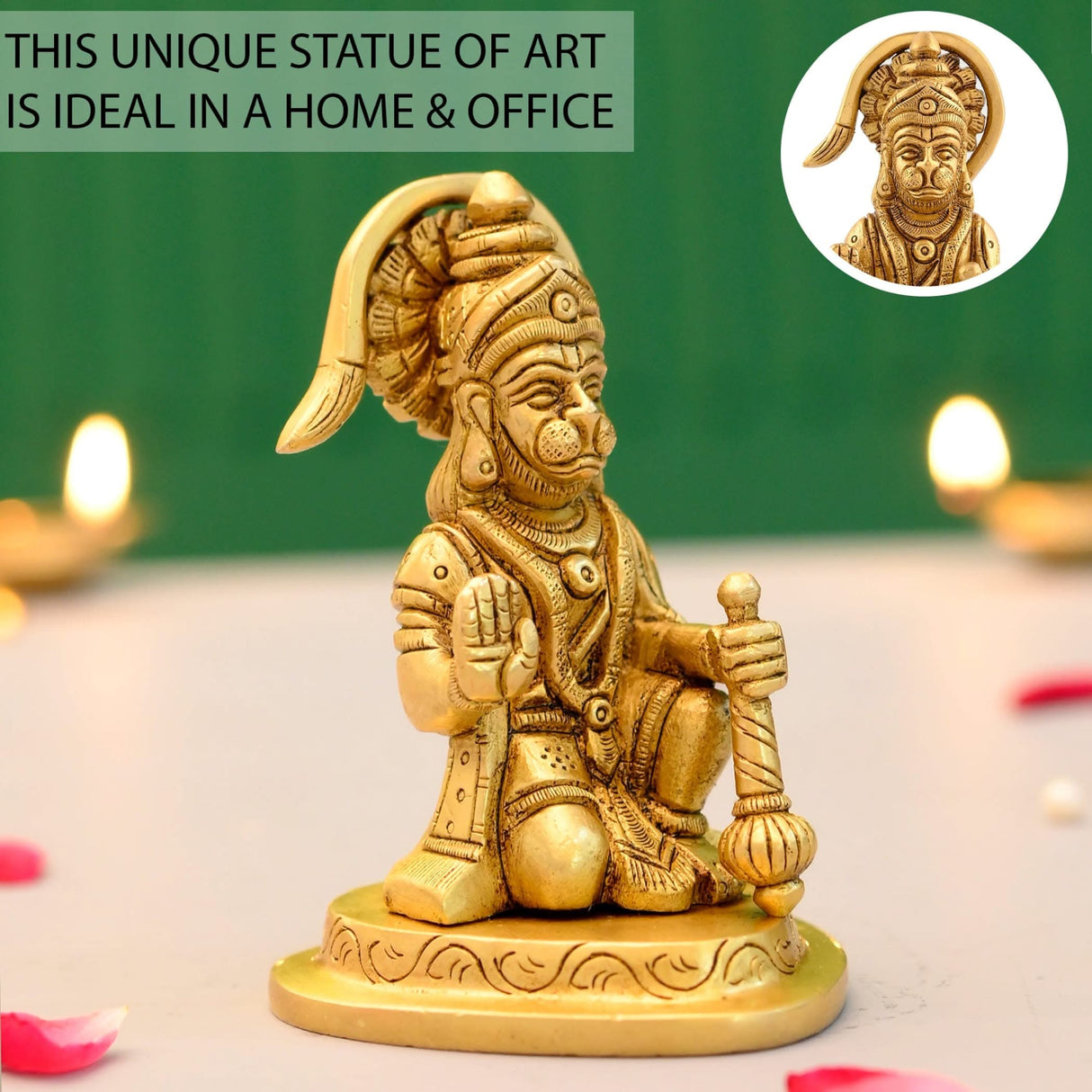 Brass Hanuman Statue Anjani Pawan Putra Lord Bajrangbali Idol Murti Hindu Religious Divine Sculpture for Home Office Entrance Pooja Room Temple Mandir Decor Housewarming Gift (3.9 Inches) - LoveNspire