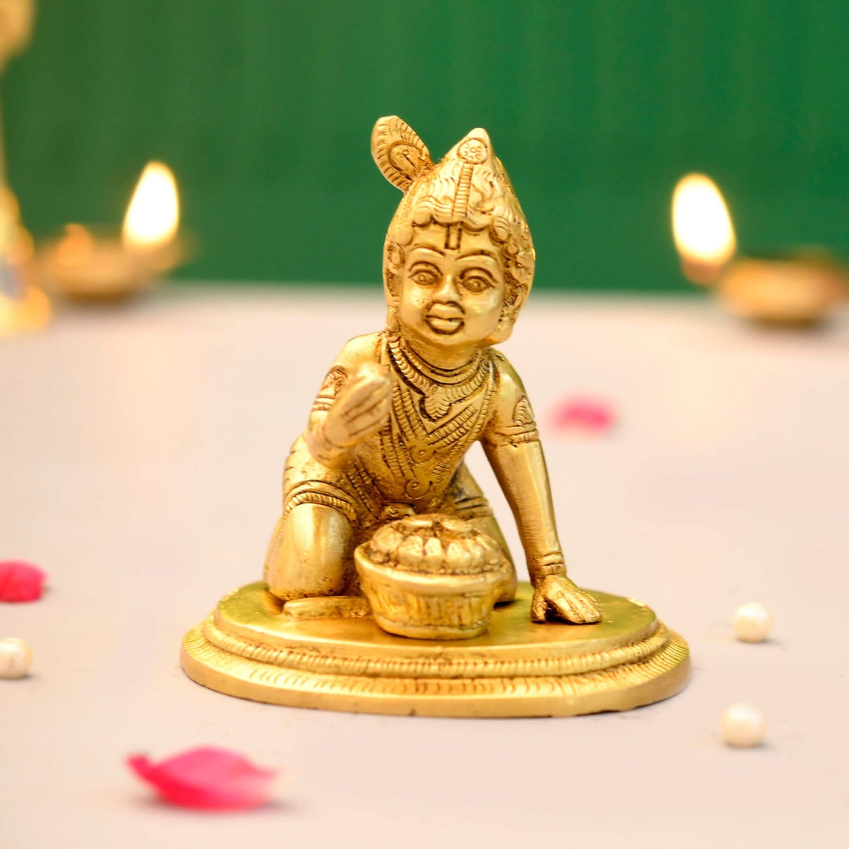 Brass Krishna Laddoo Gopal Kanha Bal Gopal Thakur Ji Makhan Chor Statue Idol Murti Sculpture Figurine for Home Temple Decor - Decorative Showpiece Janmashtami Housewarming Gift (3.5 Inches) - LoveNspire