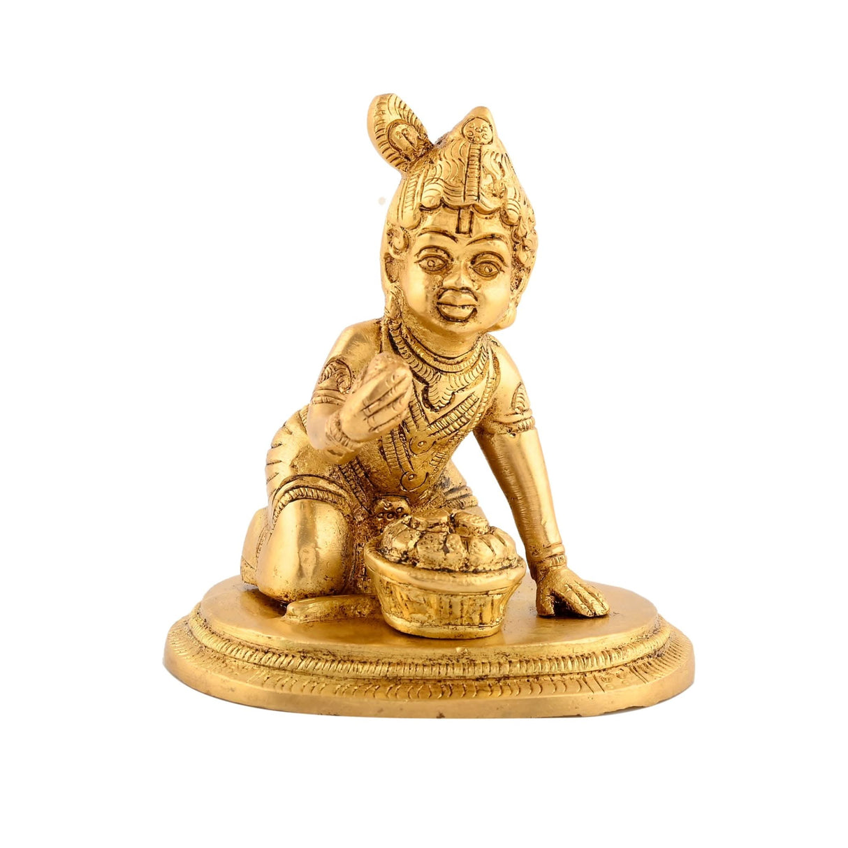 Brass Krishna Laddoo Gopal Kanha Bal Gopal Thakur Ji Makhan Chor Statue Idol Murti Sculpture Figurine for Home Temple Decor - Decorative Showpiece Janmashtami Housewarming Gift (3.5 Inches) - LoveNspire