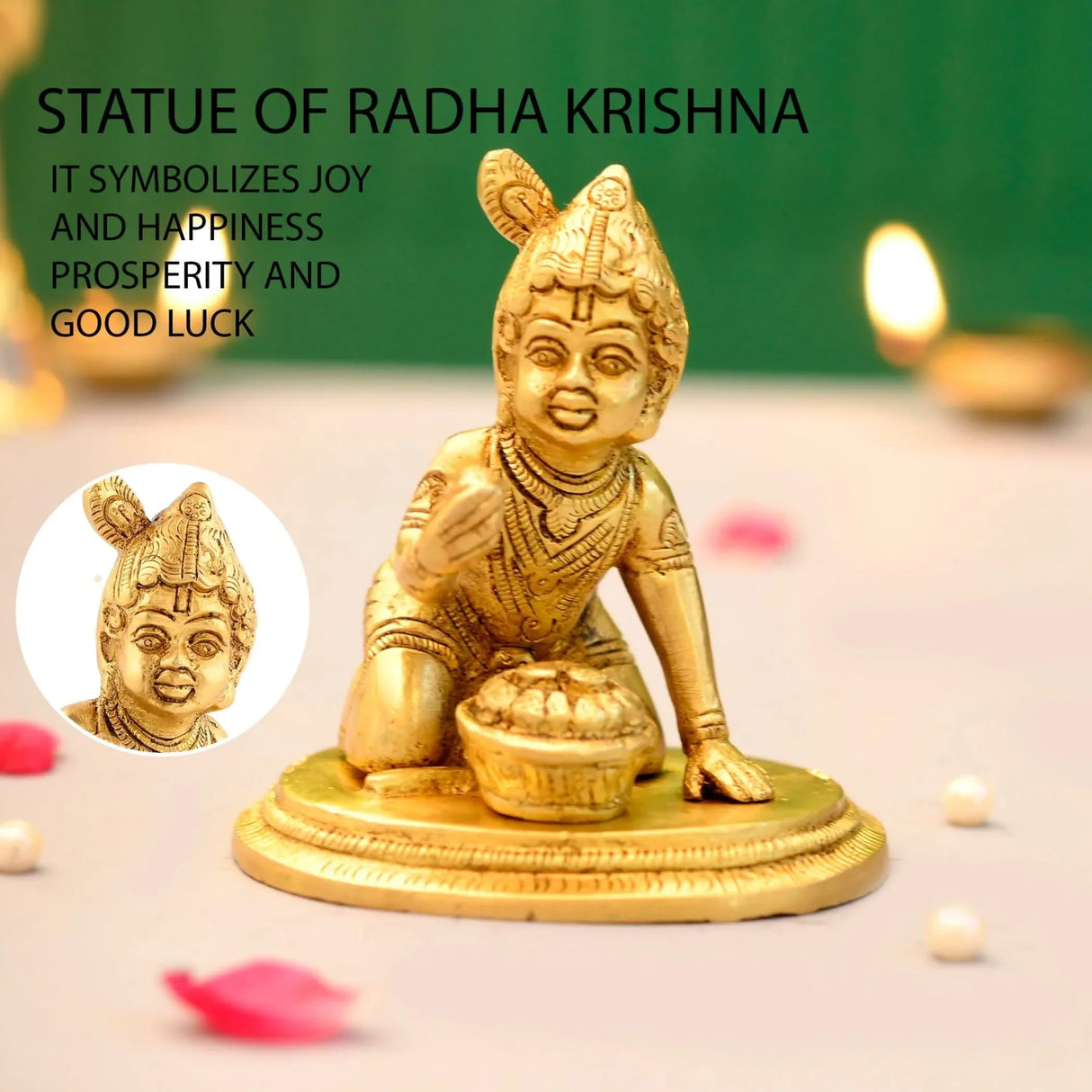 Brass Krishna Laddoo Gopal Kanha Bal Gopal Thakur Ji Makhan Chor Statue Idol Murti Sculpture Figurine for Home Temple Decor - Decorative Showpiece Janmashtami Housewarming Gift (3.5 Inches) - LoveNspire