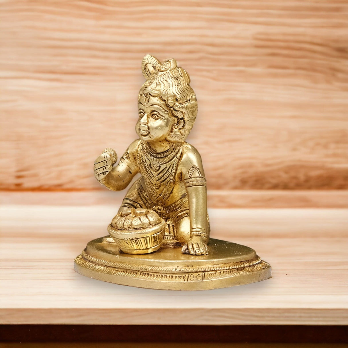 Brass Krishna Laddoo Gopal Kanha Bal Gopal Thakur Ji Makhan Chor Statue Idol Murti Sculpture Figurine for Home Temple Decor - Decorative Showpiece Janmashtami Housewarming Gift (3.5 Inches) - LoveNspire