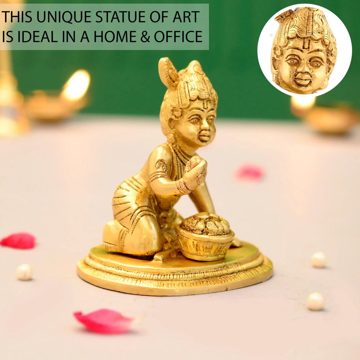 Brass Krishna Laddoo Gopal Kanha Bal Gopal Thakur Ji Makhan Chor Statue Idol Murti Sculpture Figurine for Home Temple Decor - Decorative Showpiece Janmashtami Housewarming Gift (3.5 Inches) - LoveNspire