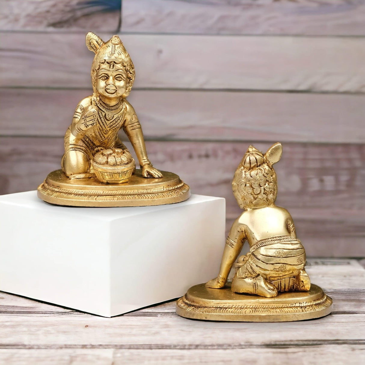Brass Krishna Laddoo Gopal Kanha Bal Gopal Thakur Ji Makhan Chor Statue Idol Murti Sculpture Figurine for Home Temple Decor - Decorative Showpiece Janmashtami Housewarming Gift (3.5 Inches) - LoveNspire