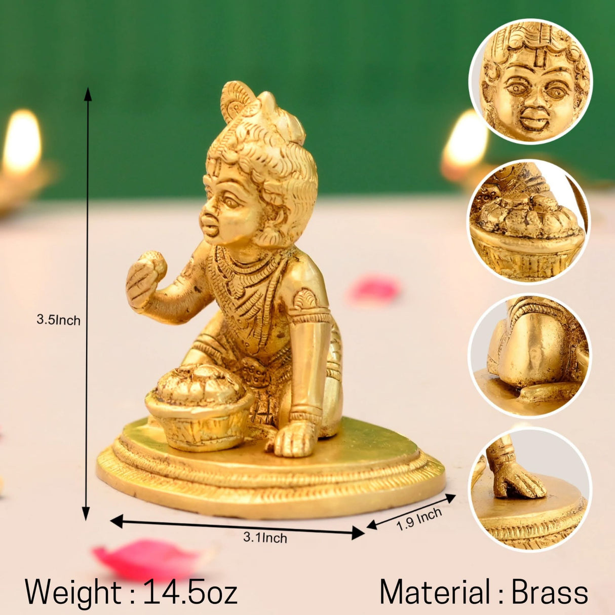 Brass Krishna Laddoo Gopal Kanha Bal Gopal Thakur Ji Makhan Chor Statue Idol Murti Sculpture Figurine for Home Temple Decor - Decorative Showpiece Janmashtami Housewarming Gift (3.5 Inches) - LoveNspire