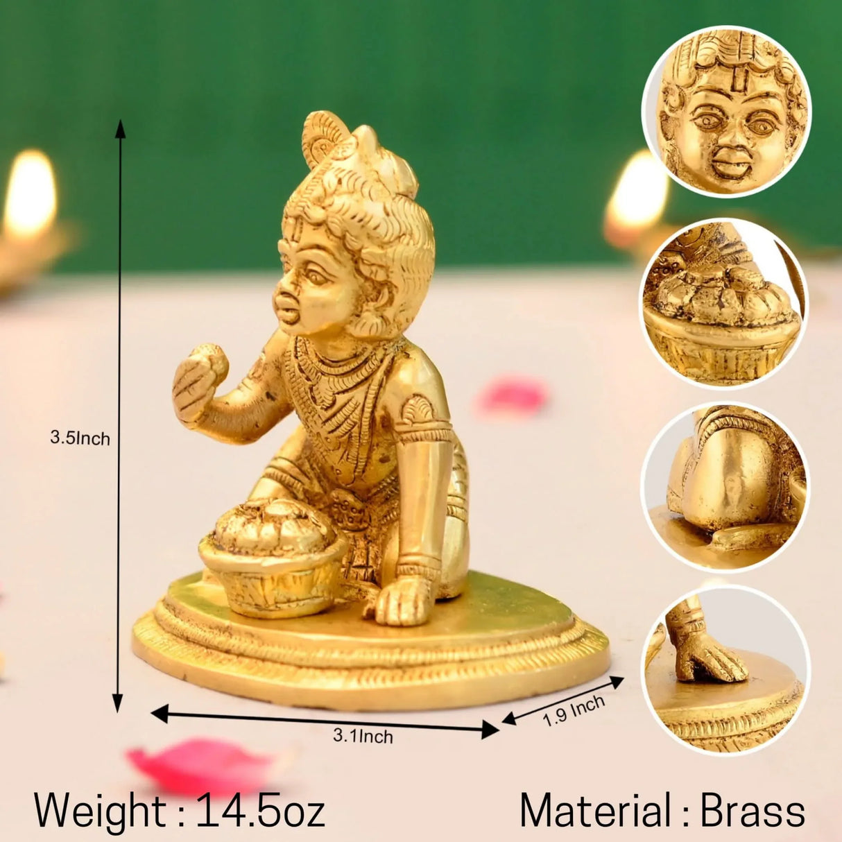 Brass Krishna Laddoo Gopal Kanha Bal Gopal Thakur Ji Makhan Chor Statue Idol Murti Sculpture Figurine for Home Temple Decor - Decorative Showpiece Janmashtami Housewarming Gift (3.5 Inches) - LoveNspire