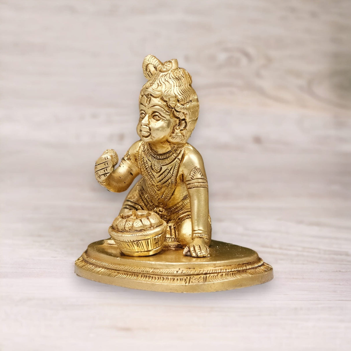 Brass Krishna Laddoo Gopal Kanha Bal Gopal Thakur Ji Makhan Chor Statue Idol Murti Sculpture Figurine for Home Temple Decor - Decorative Showpiece Janmashtami Housewarming Gift (3.5 Inches) - LoveNspire