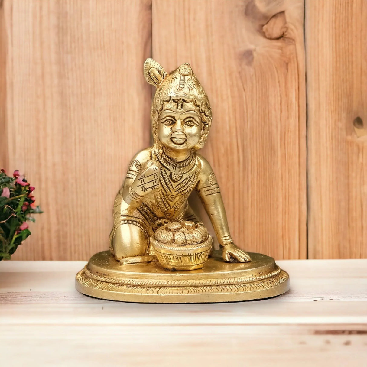 Brass Krishna Laddoo Gopal Kanha Bal Gopal Thakur Ji Makhan Chor Statue Idol Murti Sculpture Figurine for Home Temple Decor - Decorative Showpiece Janmashtami Housewarming Gift (3.5 Inches) - LoveNspire