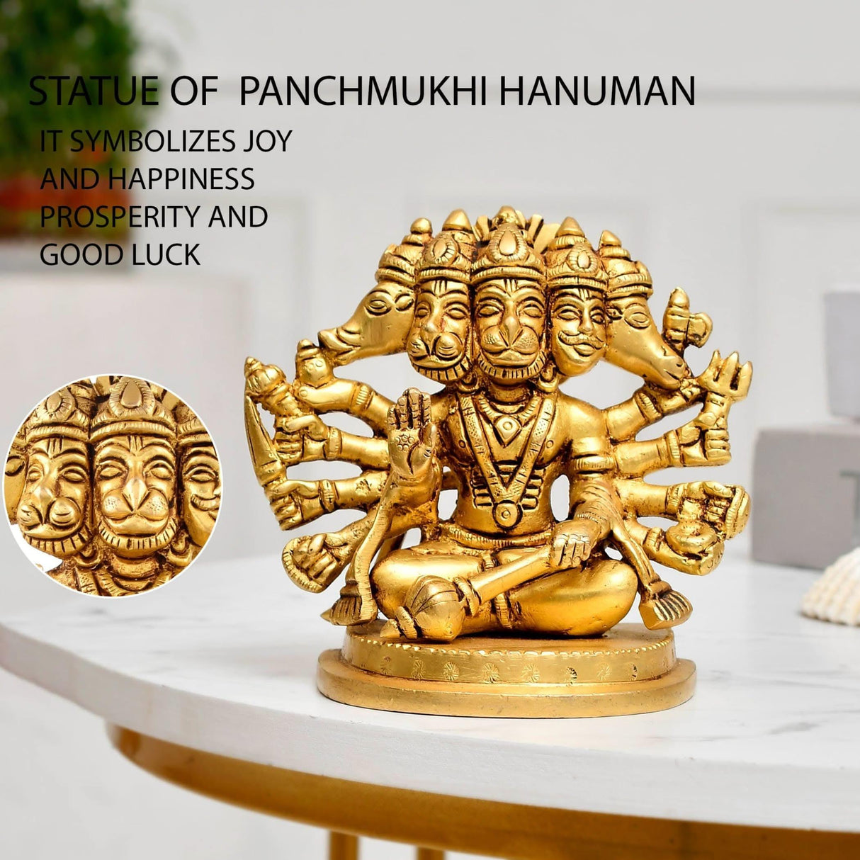 Brass Panchmukhi Hanuman Statue Anjani Pawan Putra Lord Bajrangbali Idol Murti Hindu Religious Divine Sculpture for Home Office Entrance Pooja Room Temple Mandir Decor Housewarming Gift - LoveNspire